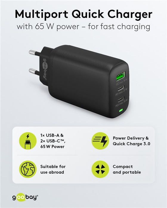 USB-C™ PD GaN Multiport-Schnellladegerät (65 W) schwarz/weiß