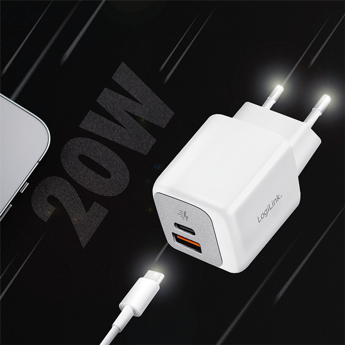 Dual-USB-Schnellladegerät, USB-C (PD), USB-A, 20 W, weiß